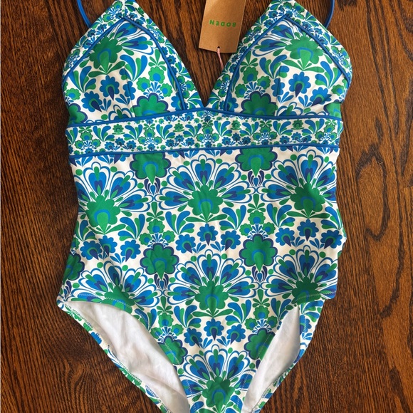 Boden Blue and Green Floral One Piece Swimsuit- Kasos string v neck style - Picture 1 of 3